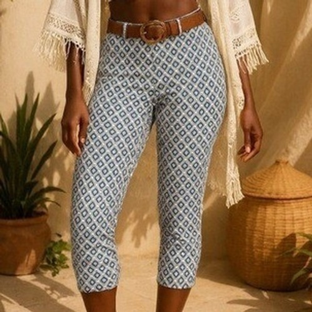 HM Womens Capri‎ Cropped Pants 8 Blue Stretchy Boho Nautical Coastal Career Work